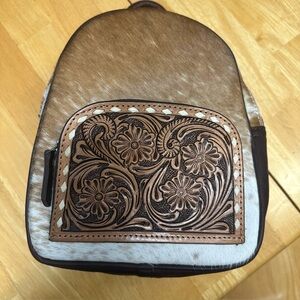 Brown and White cowhide Floral Embossed Backpack